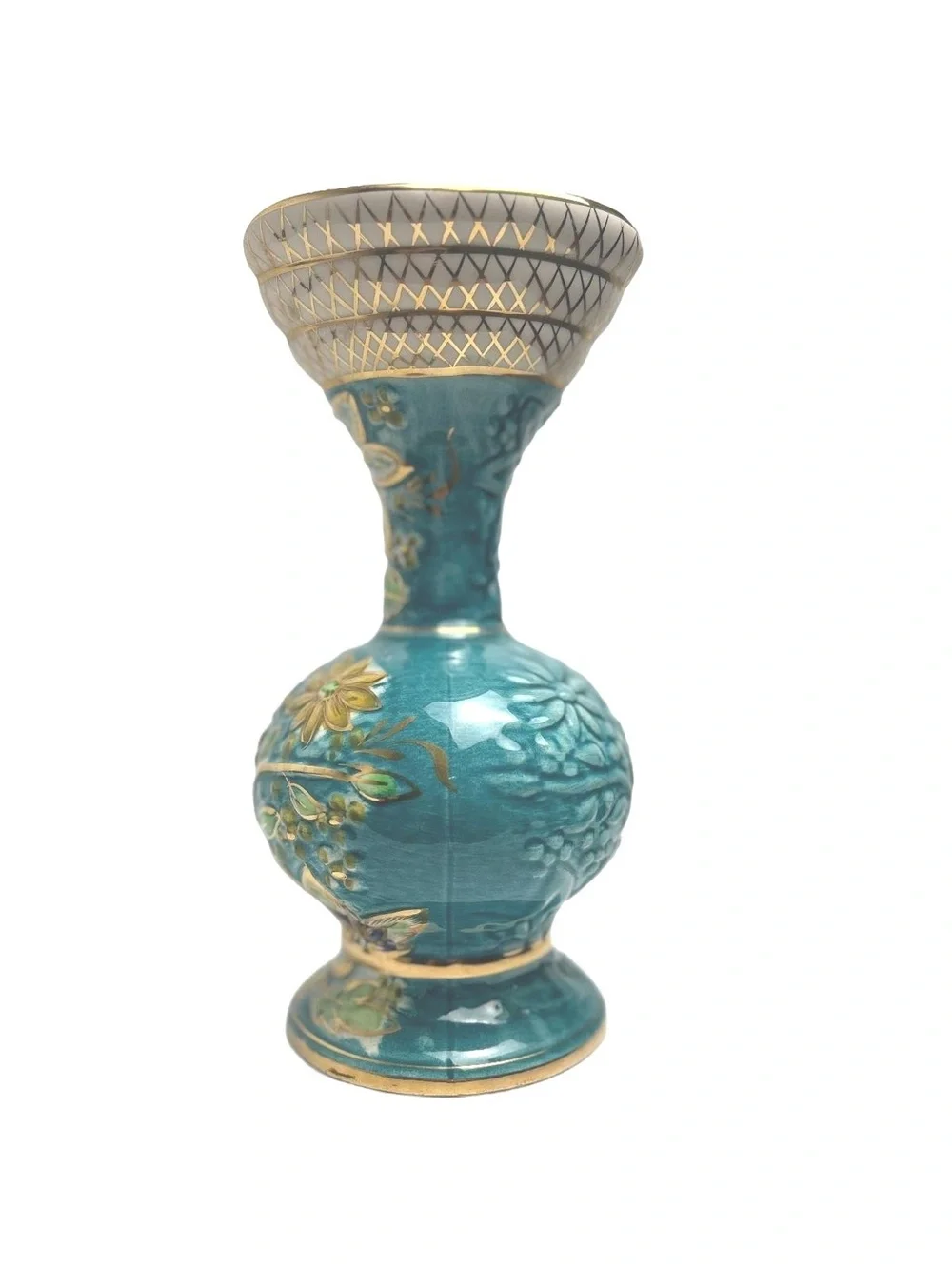 Vintage H Bequet Quaregnon Decorative Floral Pitcher Vase with Gold Accents